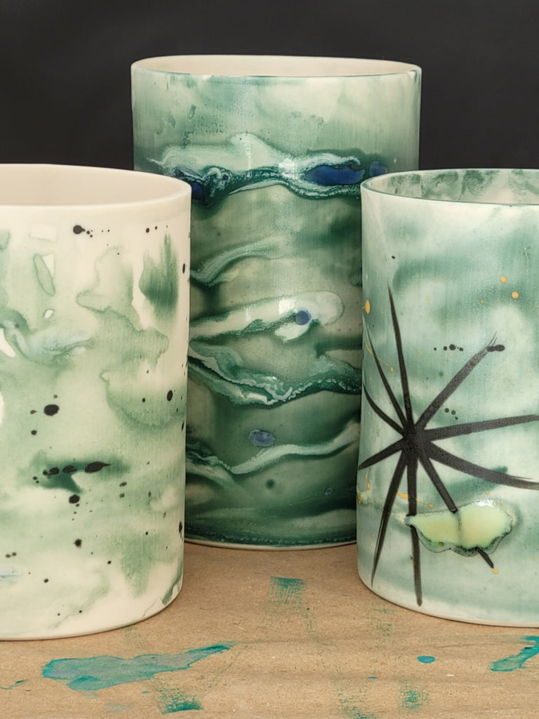 trio of green nebula votive candle holdlers