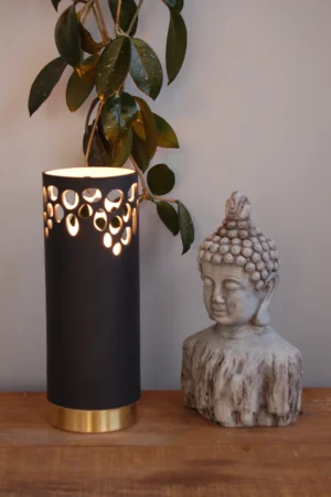 Artistic lamp and Buddha sculpture display