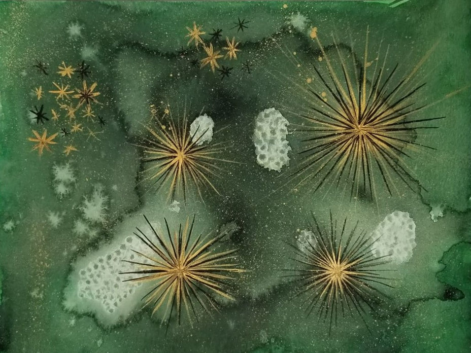 Abstract green and gold starburst painting