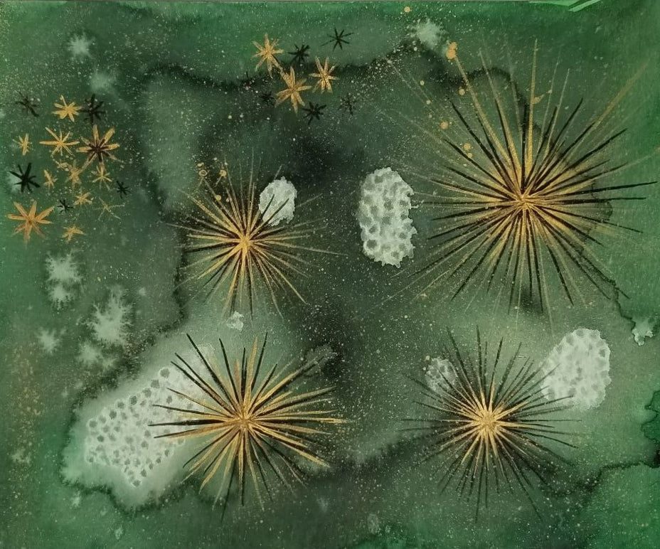 Abstract green background with golden starbursts.
