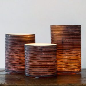Warm ambient light from three table lamps.