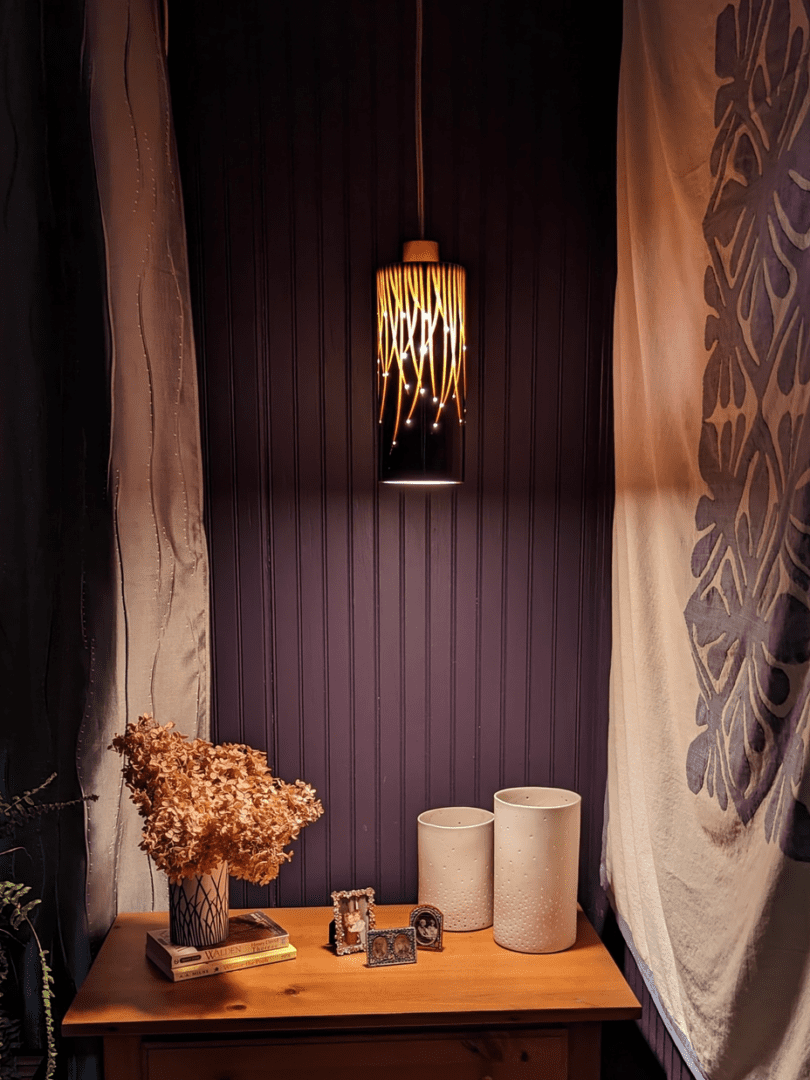 Hanging lamp over wooden table decor