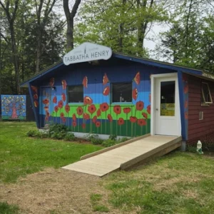 Colorful building with flower murals