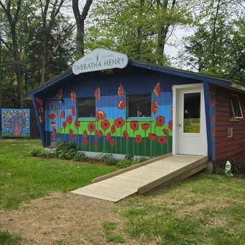 Colorful building with flower murals
