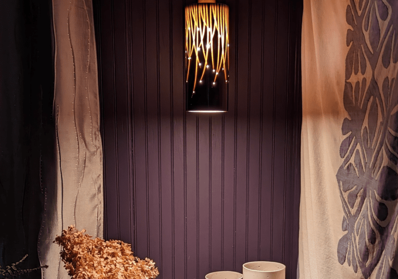 Hanging lamp over wooden table decor